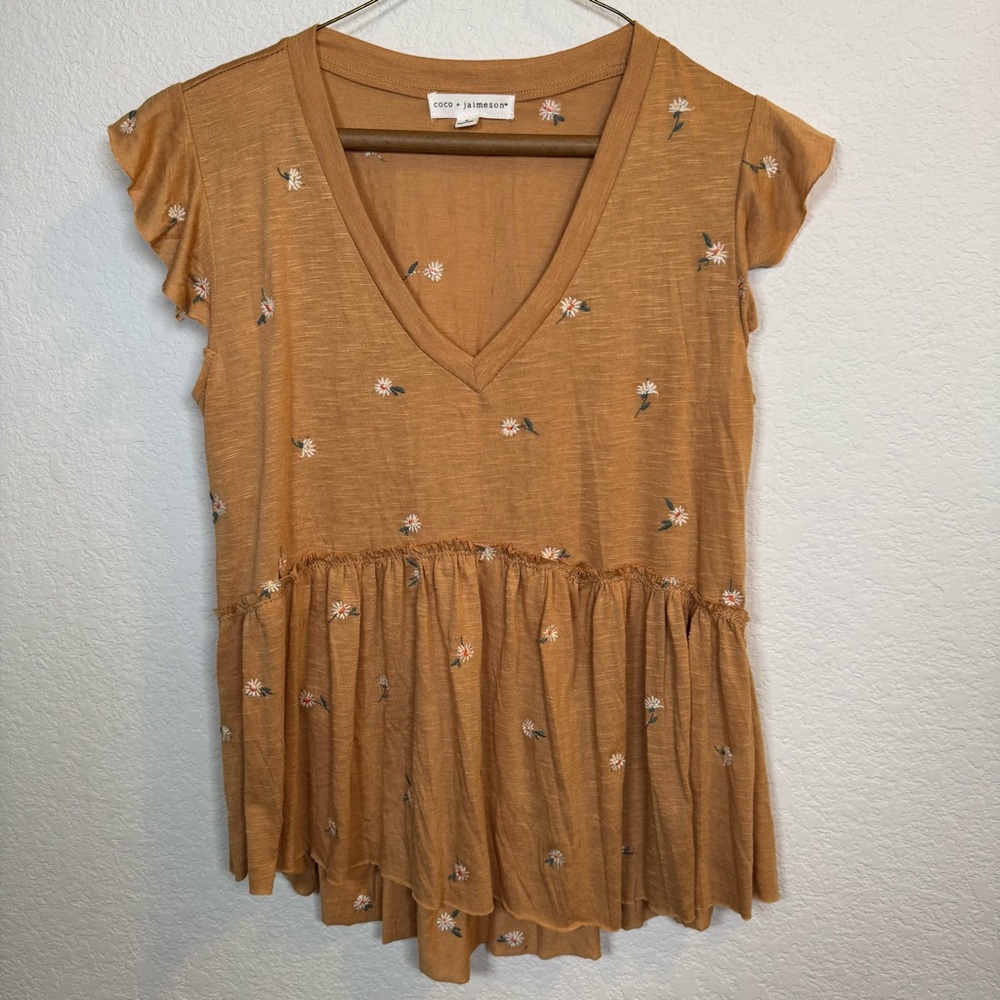 Coco + Jaimeson Brown Floral Embroidered Babydoll Boho Ruffle Peplum Top